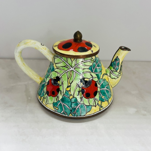Authentic Kelvin Chen Ladybug Teapot Vintage | Taiwan Cloisonné Enamel | Garden - Picture 3 of 7